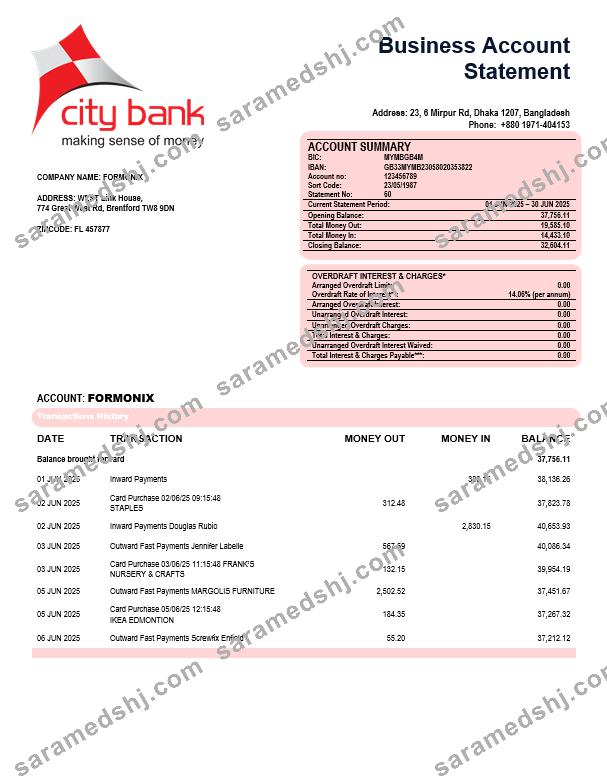 City Bank firm account statement Word and PDF template